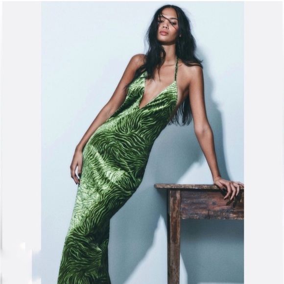 Zara Green Velvet Halter Maxi Dress Womens Small Zebra Print Surplice Neckline S - Picture 1 of 14